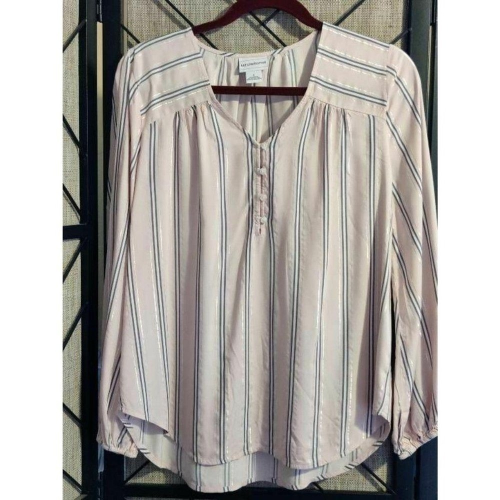 Liz Claiborne Womens Tunic Top Pink Striped Long Sleeve V Neck High Low‎ S
